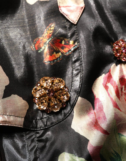 Dolce & Gabbana Black Floral Belted Polyester Trench Coat Jacket